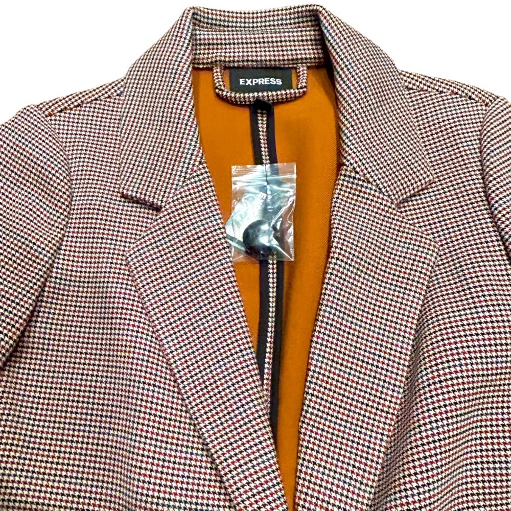 NWT Express Women’s Houndstooth/Plaid Brown, Red & Blue Long Blazer Jacket SZ M